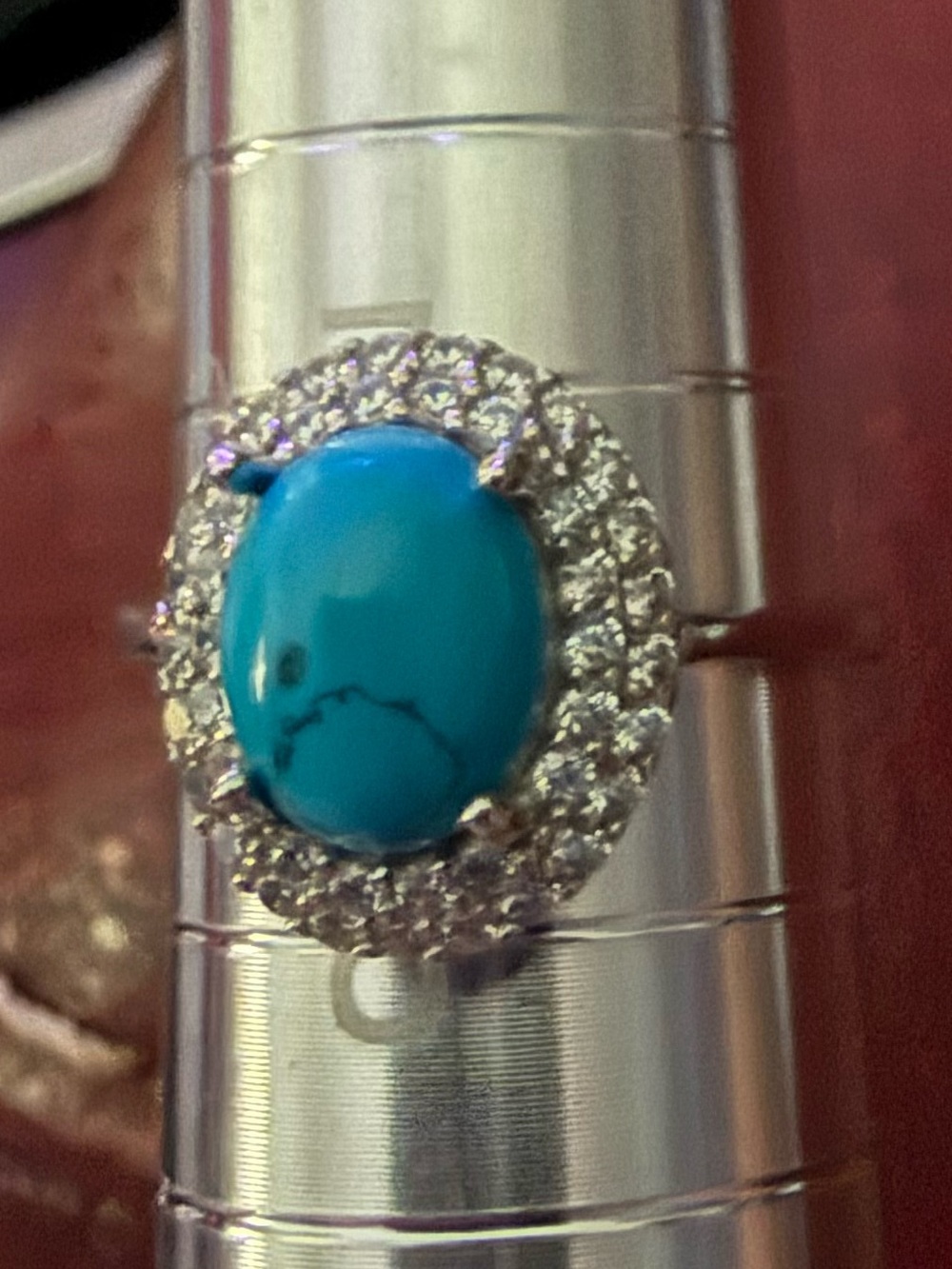 Turquoise Halo Ring – Blue Oval Stone with Silver Tone Setting Sterling Silver